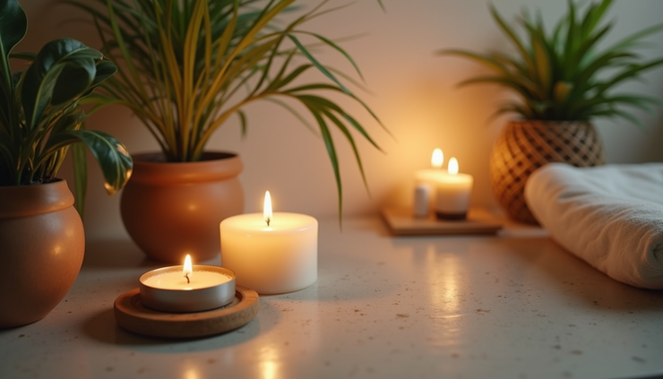 Close-up view of a calm meditation space with candles and plants