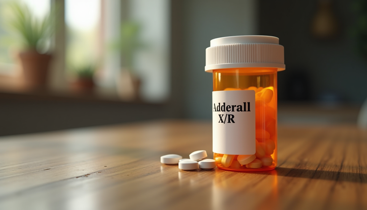 Eye-level view of a prescription bottle labeled Adderall XR on a wooden table