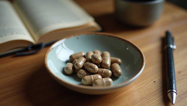 High angle view of a small bowl with psilocybin capsules and a journal on a table