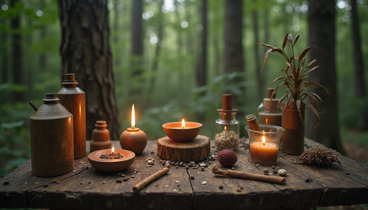 Eye-level view of a shaman’s ceremonial altar with ritual objects and natural elements
