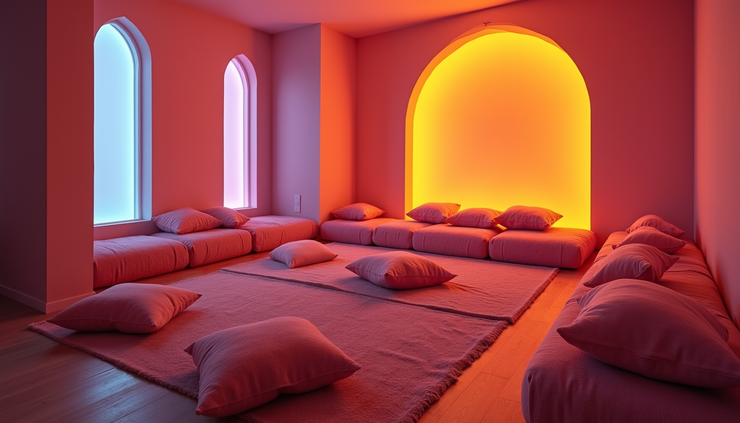 High angle view of a quiet room prepared for psychedelic therapy with cushions and soft lighting