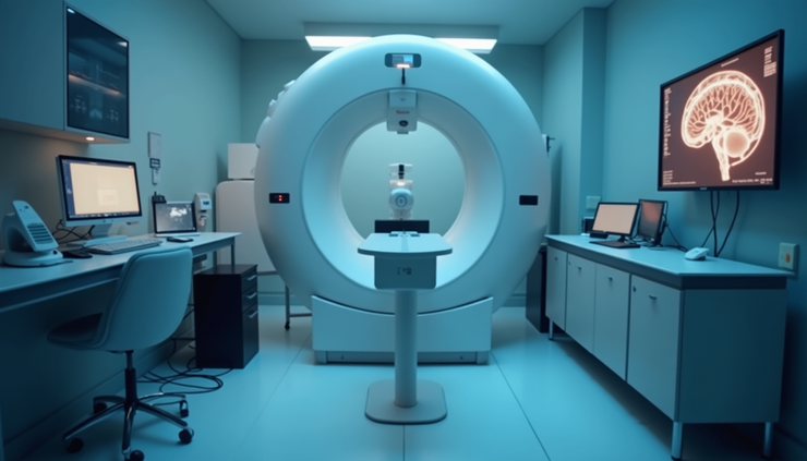 Eye-level view of a neuroscience lab setup with brain imaging equipment