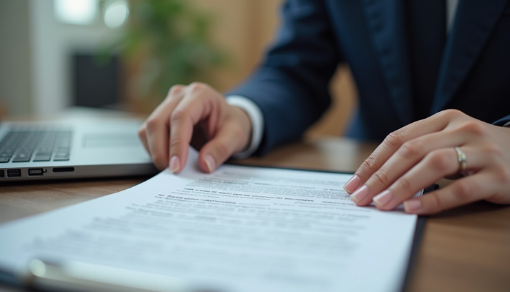 Close-up of a person reading legal documents with a laptop nearby