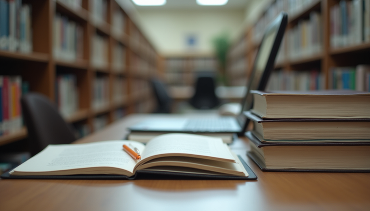 Close-up view of a college library study area with textbooks, notebooks, and a laptop
