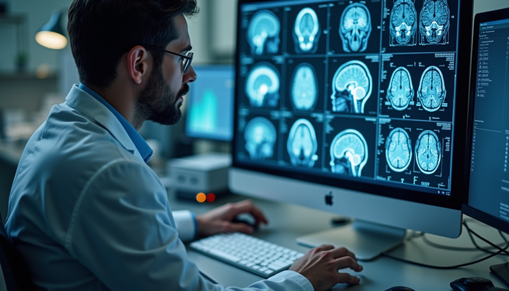 High angle view of a researcher analyzing brain scans related to psilocybin effects