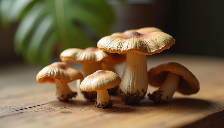 Close-up view of a small bowl with dried magic mushrooms on a wooden table
