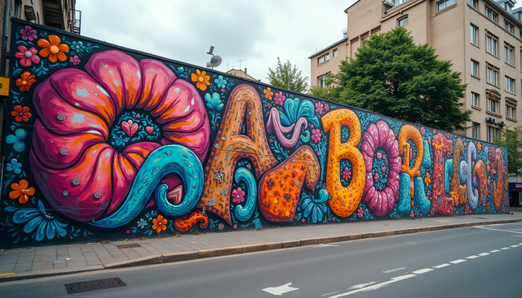 Eye-level view of a colorful psychedelic mural on an urban building wall