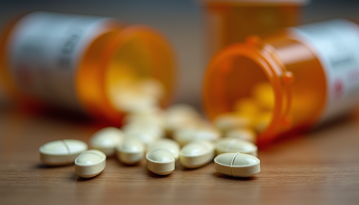 Close-up view of prescription pill bottles with Adderall tablets