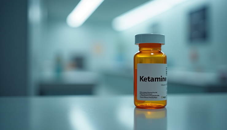 Close-up view of a prescription bottle labeled ketamine with a medical background