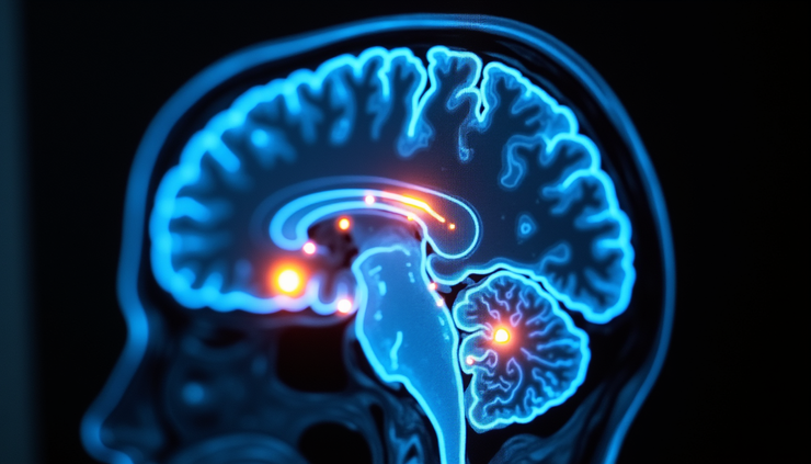 Eye-level view of brain scan highlighting neural connectivity changes under psilocybin