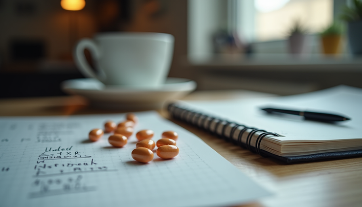 Eye-level view of a cluttered desk with a notebook, coffee cup, and Adderall XR pills