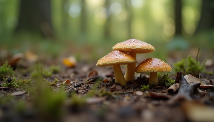 Eye-level view of a forest trail with wild mushrooms growing along the path