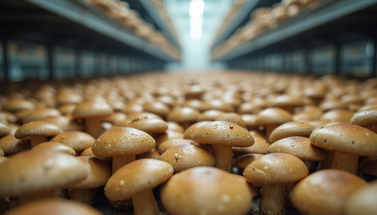 Eye-level view of a mushroom farm with rows of growing mushrooms