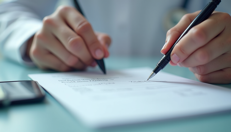 Close-up view of a doctor’s hand holding a prescription pad with a pen