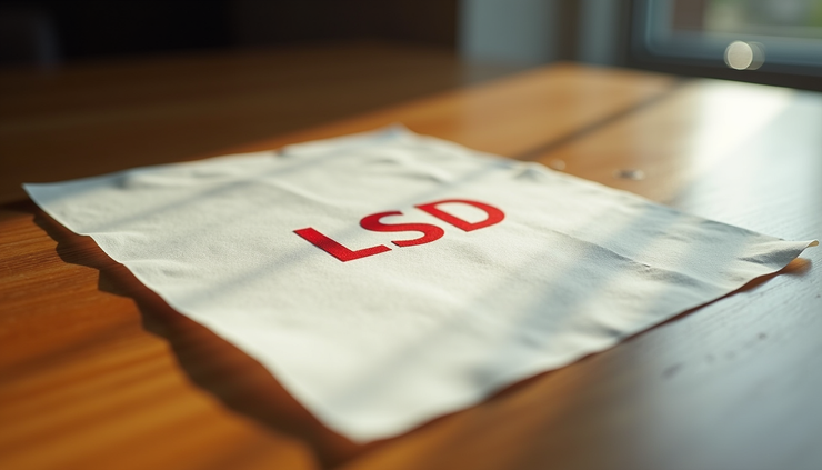 Close-up view of a small vial of LSD blotter paper on a wooden table