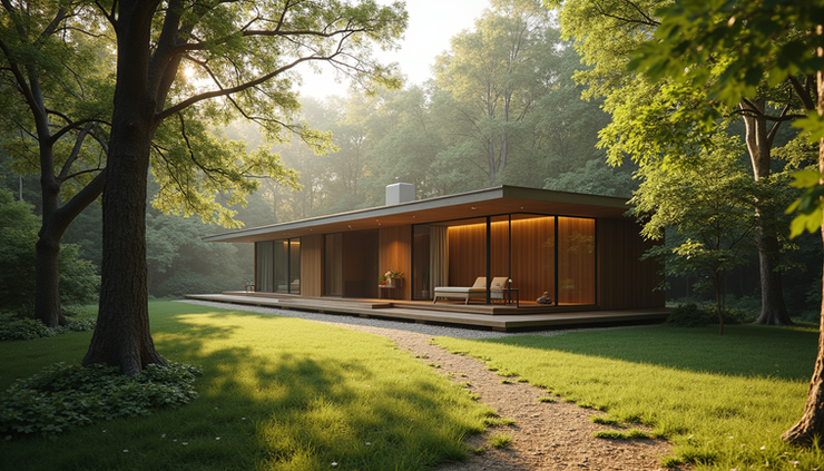 Eye-level view of a serene retreat center surrounded by lush greenery and natural light