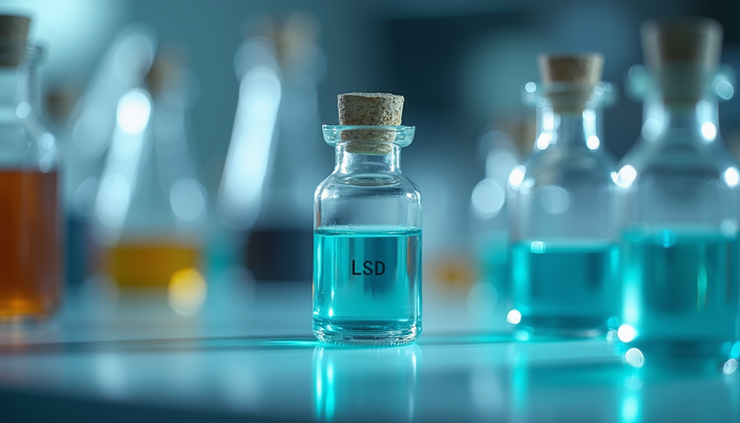 Close-up view of a small vial containing liquid LSD on a laboratory table