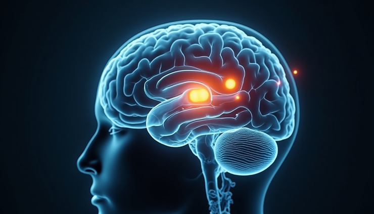 High angle view of a brain scan showing areas of reduced activity during ego dissolution