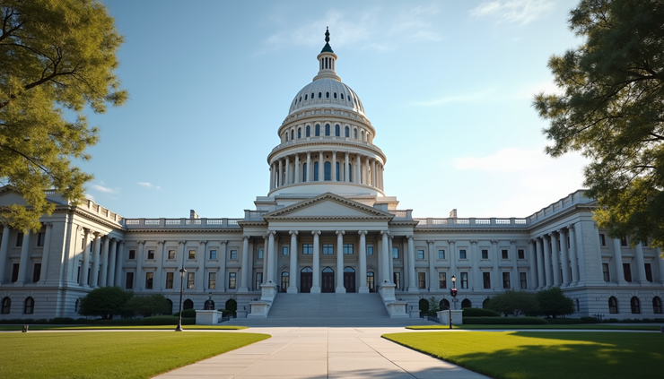 Eye-level view of a state capitol building with a clear sky