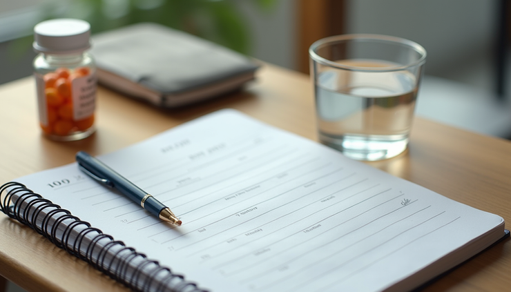 High angle view of a desk with ADHD management tools including a planner, medication bottle, and a glass of water