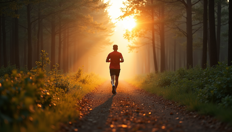Eye-level view of a person running on a forest trail during early morning
