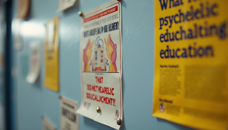 Close-up view of a college bulletin board with flyers about mental health and psychedelic education events