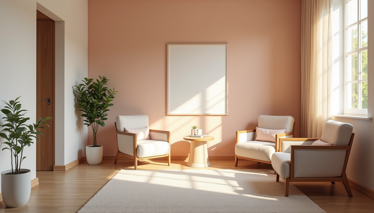 Eye-level view of a modern therapy room with calming colors and comfortable seating
