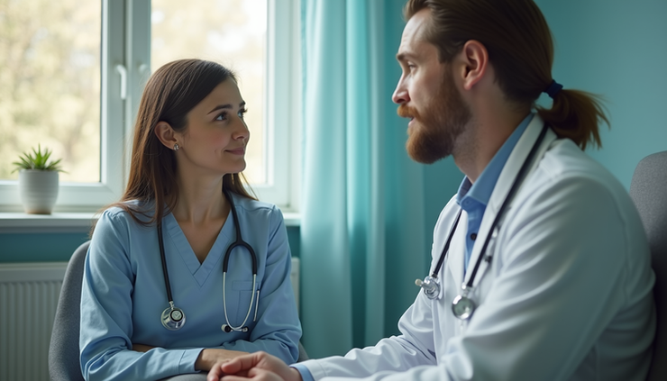 High angle view of a healthcare professional discussing medication options with a new mother
