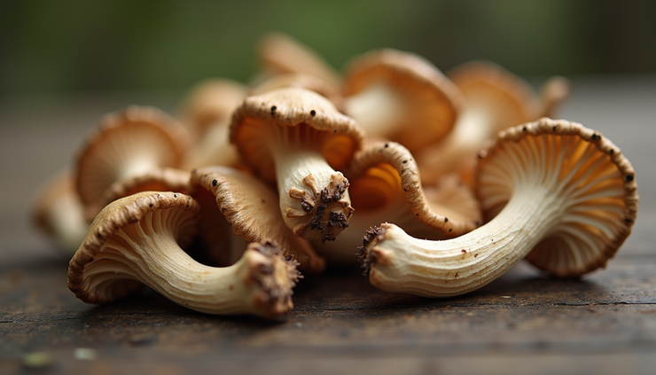 Close-up view of dried psilocybin mushrooms on a wooden surface
