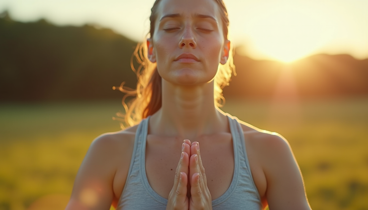 Close-up view of a person practicing deep breathing outdoors in a park
