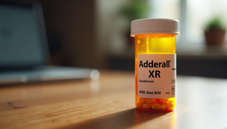 Eye-level view of a prescription bottle labeled Adderall XR on a wooden desk