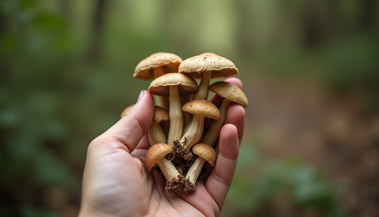 Eye-level view of a person holding dried magic mushrooms in natural light