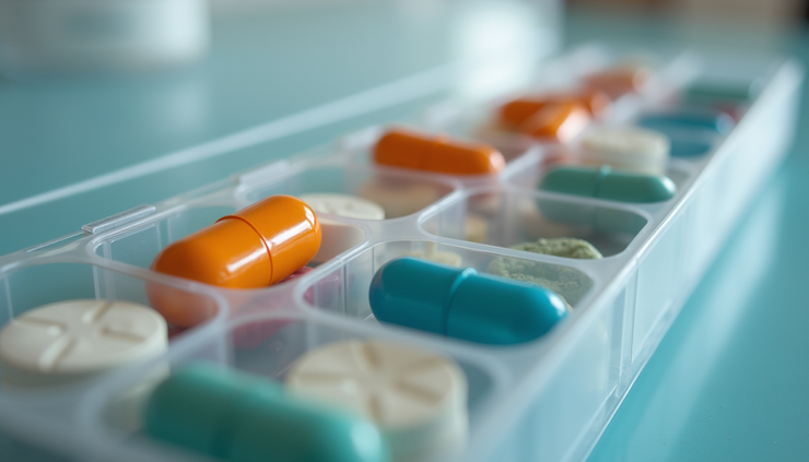 Eye-level view of a pill organizer with daily medication doses