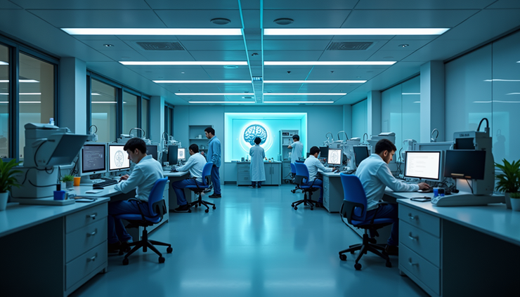 Eye-level view of a university neuroscience lab with brain imaging equipment