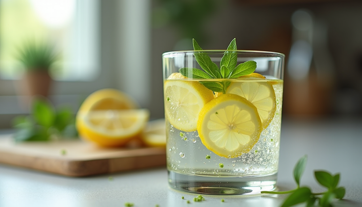 Close-up of a glass of water with lemon slices and fresh herbs on a kitchen counter