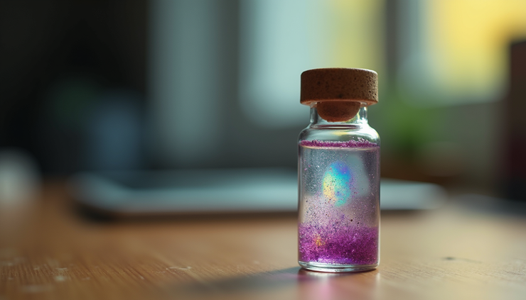 Eye-level view of a small vial containing a psychedelic substance on a wooden desk