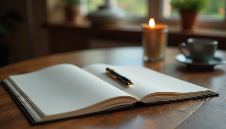 Close-up view of a journal and pen on a wooden table, used for setting intentions before a psychedelic experience