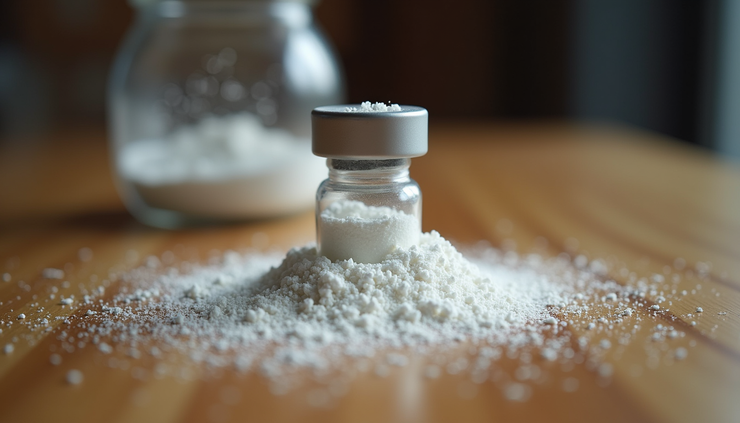Eye-level view of a small vial containing crystalline MDMA powder on a wooden table