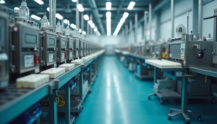 High angle view of a medication manufacturing facility with production lines