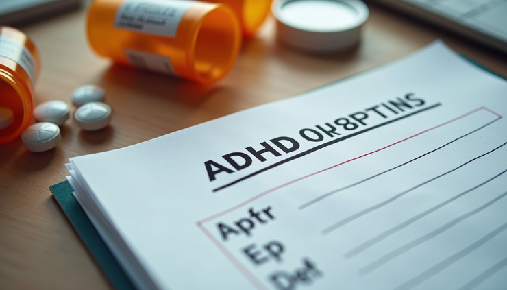 High angle view of a prescription pad and ADHD medication bottles on a desk