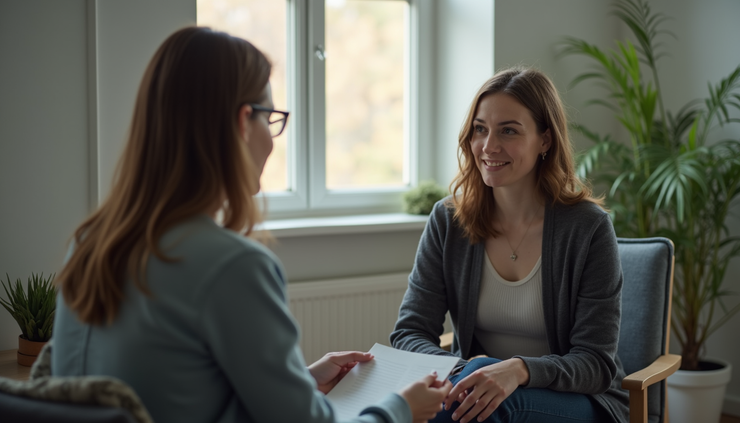 High angle view of a counseling session with a therapist and a young adult