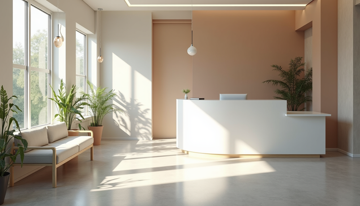 Eye-level view of a modern clinic reception area with calming decor