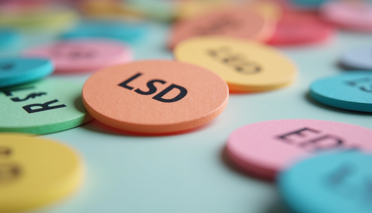 Eye-level view of a colorful blotter paper with LSD tabs arranged neatly