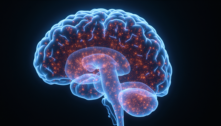 Eye-level view of brain scan showing altered connectivity patterns under LSD