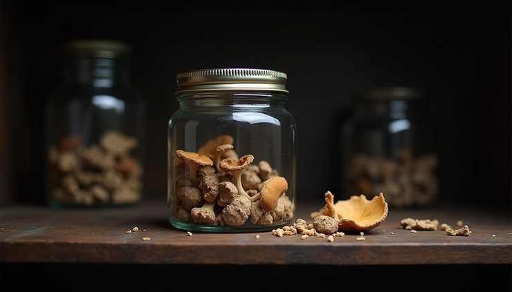 Eye-level view of glass jar filled with dried psilocybin mushrooms stored in a dark cupboard