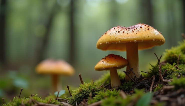 High angle view of a natural landscape with wild mushrooms growing