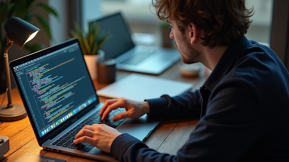 High angle view of a person studying coding on a laptop