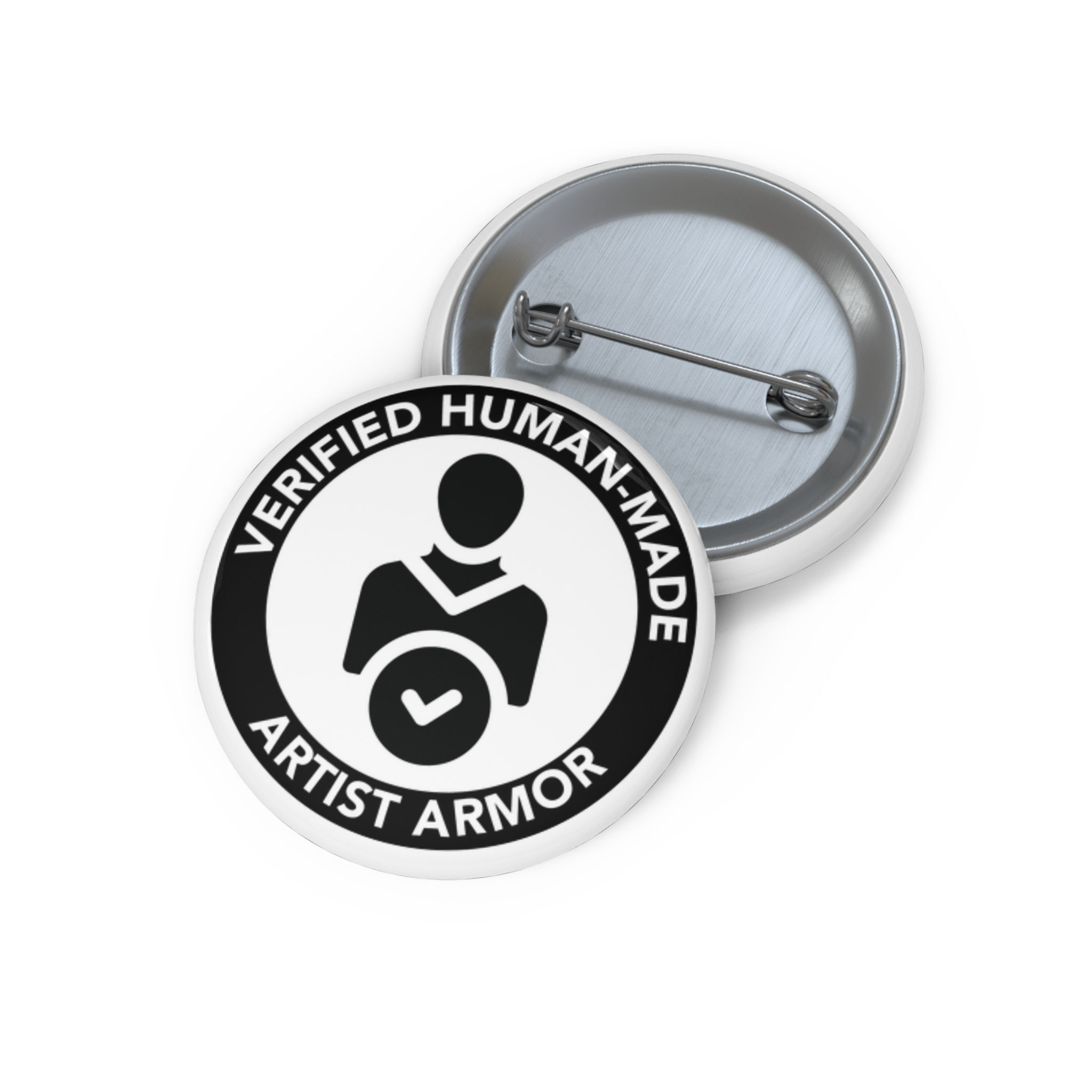 Verified Human-Made Artist Armor Pin Button – Black & White Badge