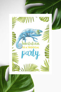 Carton d'invitation anniversaire caméléon bleu, fichier digital pour un anniversaire d'enfant