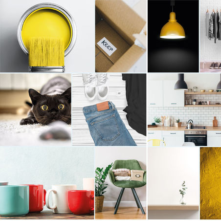 Moodboard et logo design pour So tidy! Homeorganising, branding, corporate design. Pot de peinture jaune, carton brun, lampe jaune, chat noir, jeans bleu, cuisine bien rangée, tasses de café dans les couleurs rouge, turquoise et crème, chaise avec des journaux, plante verte.